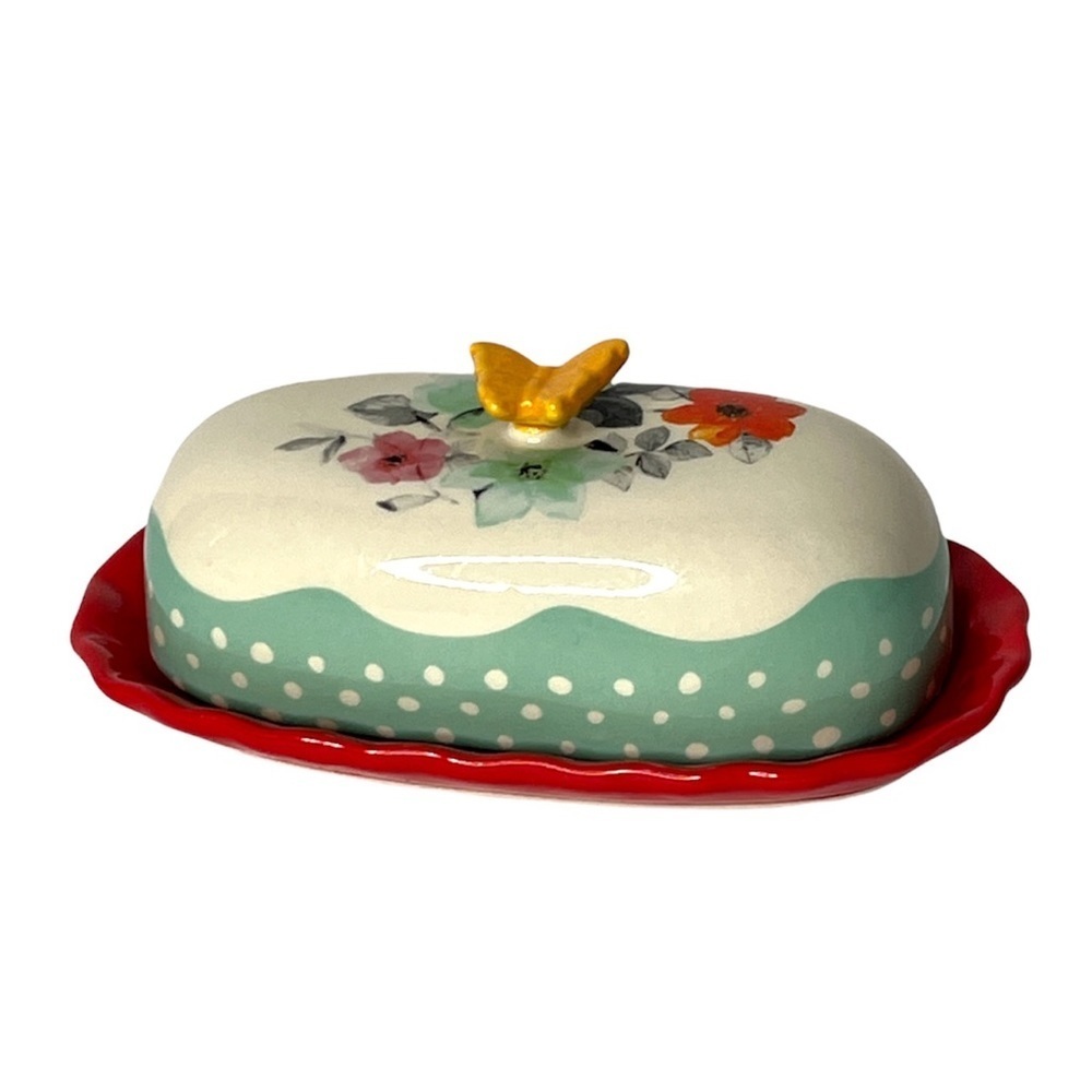 The Pioneer Woman Flea Market Butterfly Butter Dish‎ Floral Red Yellow Stoneware